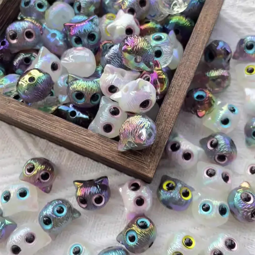 10Pc Acrylic Owl Head Loose Beads Cartoon Straight Hole Beaded Transparent Aurora Effect For Jewelry Making DIY Bracelet 17*19MM