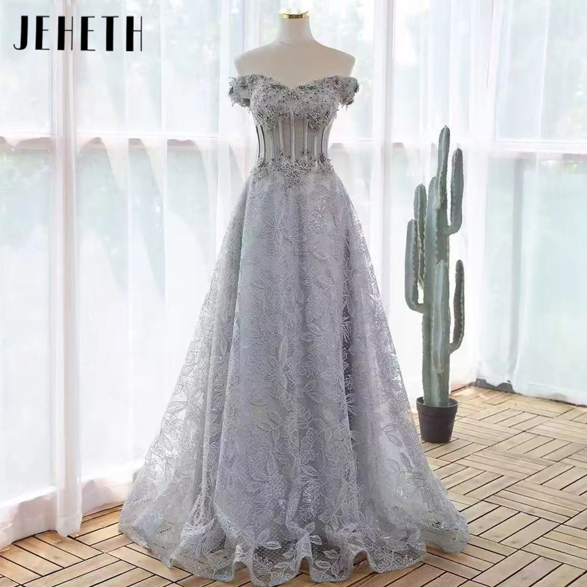

Grey Lace Appliques Evening Dress Elegant Corset Off Shoulder Sequin Prom Dresses Customized Princess Cocktail Party Dresses