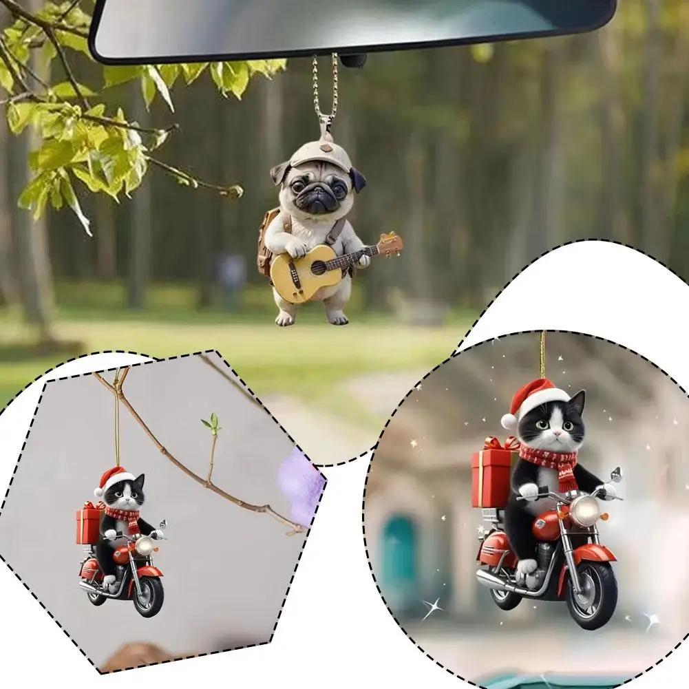 

Motorcycle Cat Acrylic Hanging Decoration Christmas Kitten Tree Pendant Flat Ornament 2D Riding Hanging Car Animal Cartoon Y6G7