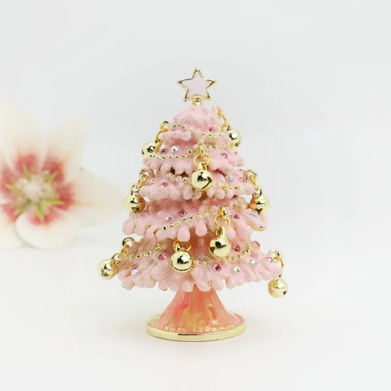New Christmas Gifts Pink Christmas Tree Bell Tree Trinkets Storage Box Enamel Metal Crafts