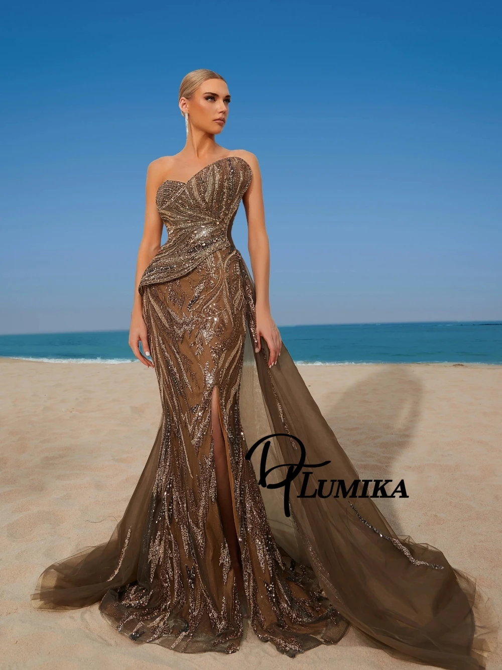 

Elegant Brown-Gold Shimmering Evening Dress Glamorous Formal Sexy Unique Beaded Mermaid Prom Gown With Train Customized