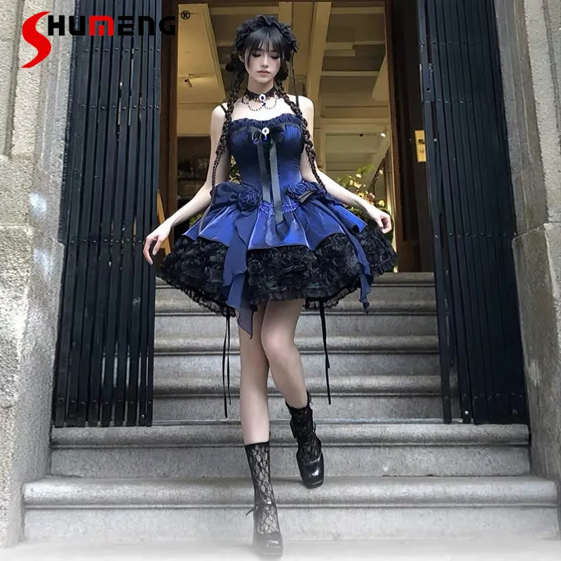 

Original Blue Lolita Gothic Dress Jsk Summer New Woman's High Waist Slimming Sweet Elegance Long Tail Dress Princess Ball Gown