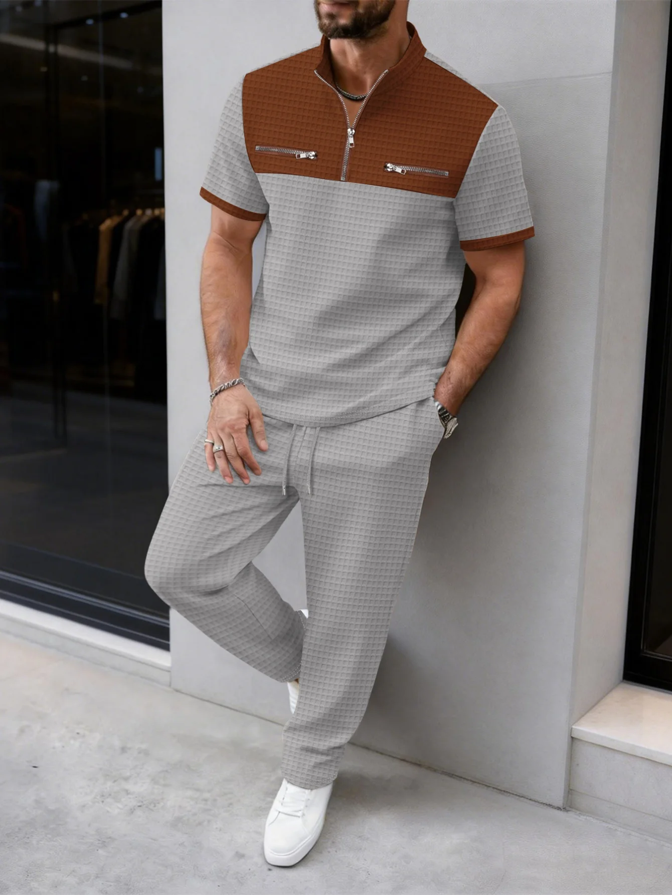

Men's New Large Plaid Color Block Half Zip Short Sleeve T-Shirt & Long Pants Casual Sports Tracksuit Set