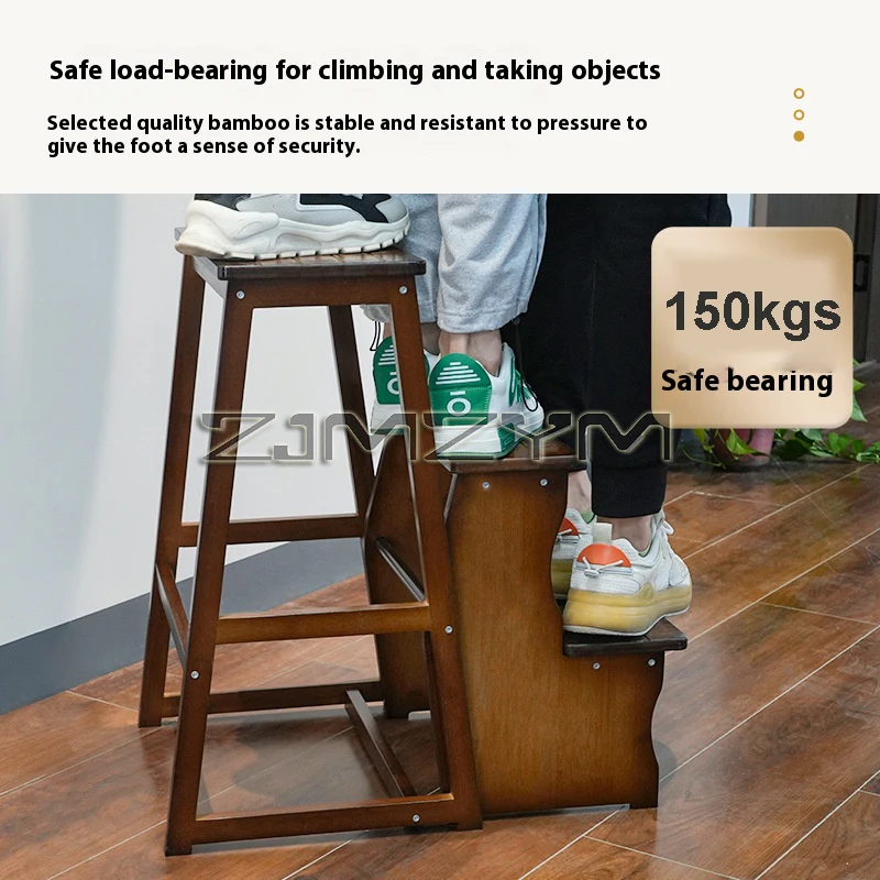 Solid Wood Folding Ladder Stool Household Three-step Climbing Stool Dual-use Indoor Multifunctional Step Ladder Stool image 3