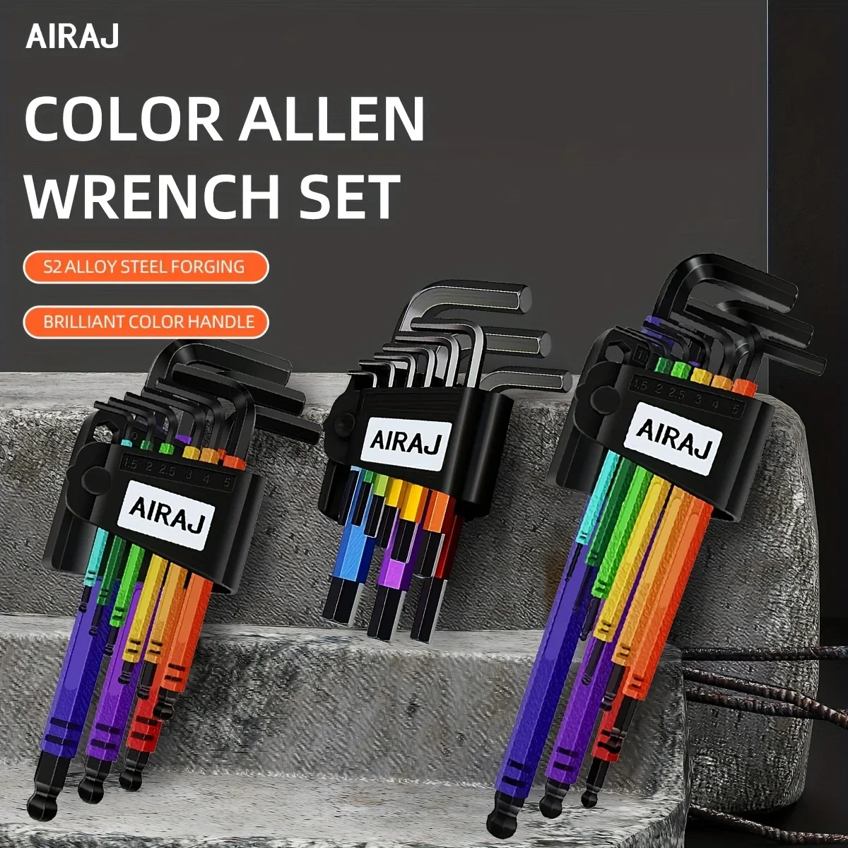 

AIRAJ Набор из 3 коротких/средних/длинных шестигранных ключей SAE/метрических CRV, промышленный набор шестигранных ключей с шариковым концом, портативным футляром и цветным кодированием Sizi