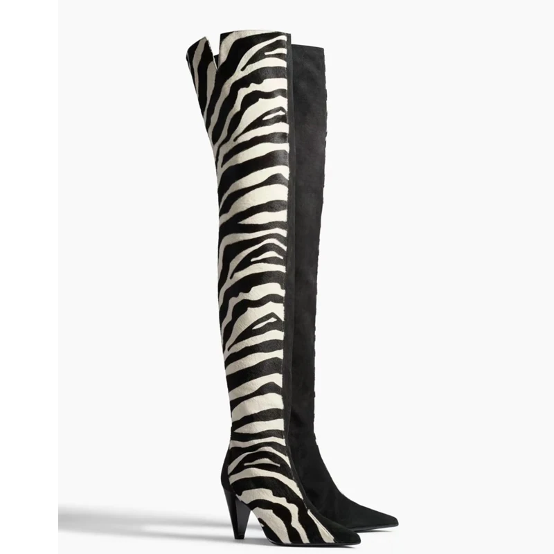 Zebra Print Pointed Toe Conical Heel Over-The-Knee Boots Woman Winter 2026 Side Zipper High Heel Thigh High Boots Fashion Shoes - view 4