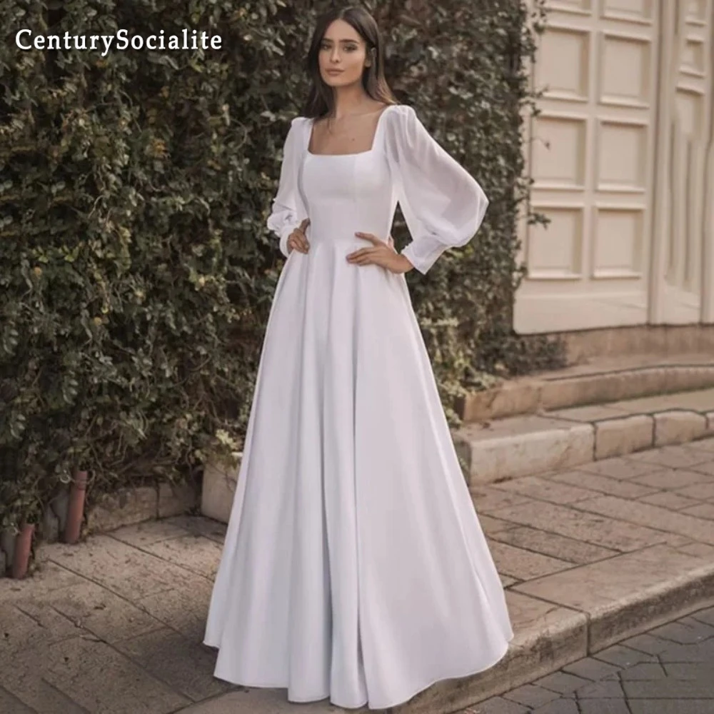 

Civil Wedding Dresses for Bride Square Neck Backless Lantern Sleeve A Line Satin Bridal Gowns Customized