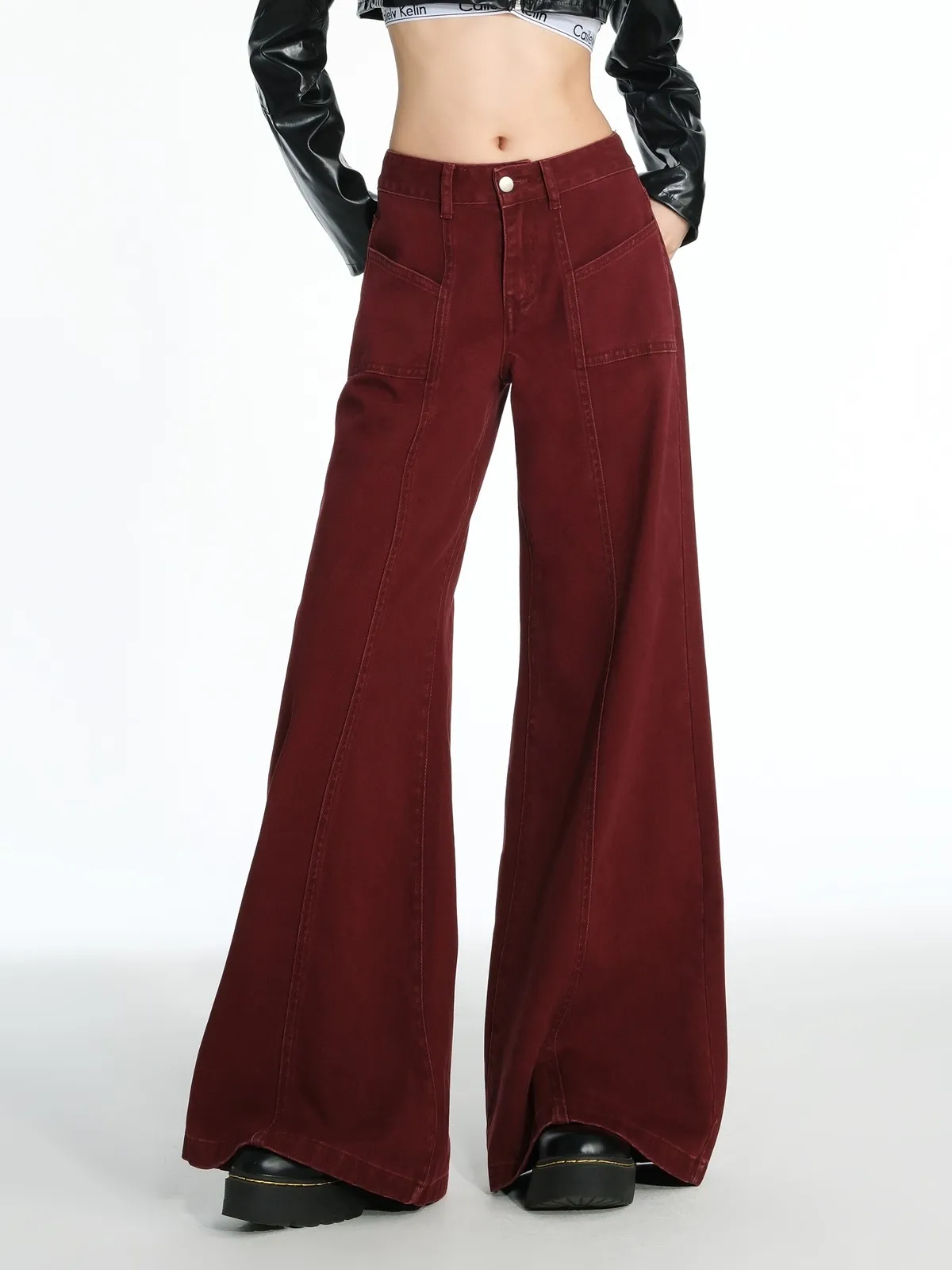 

ZHISILAO Vintage High Waist Jeans Women Solid Red Wide Leg Flare Full Length Denim Pants Streetwear 2024