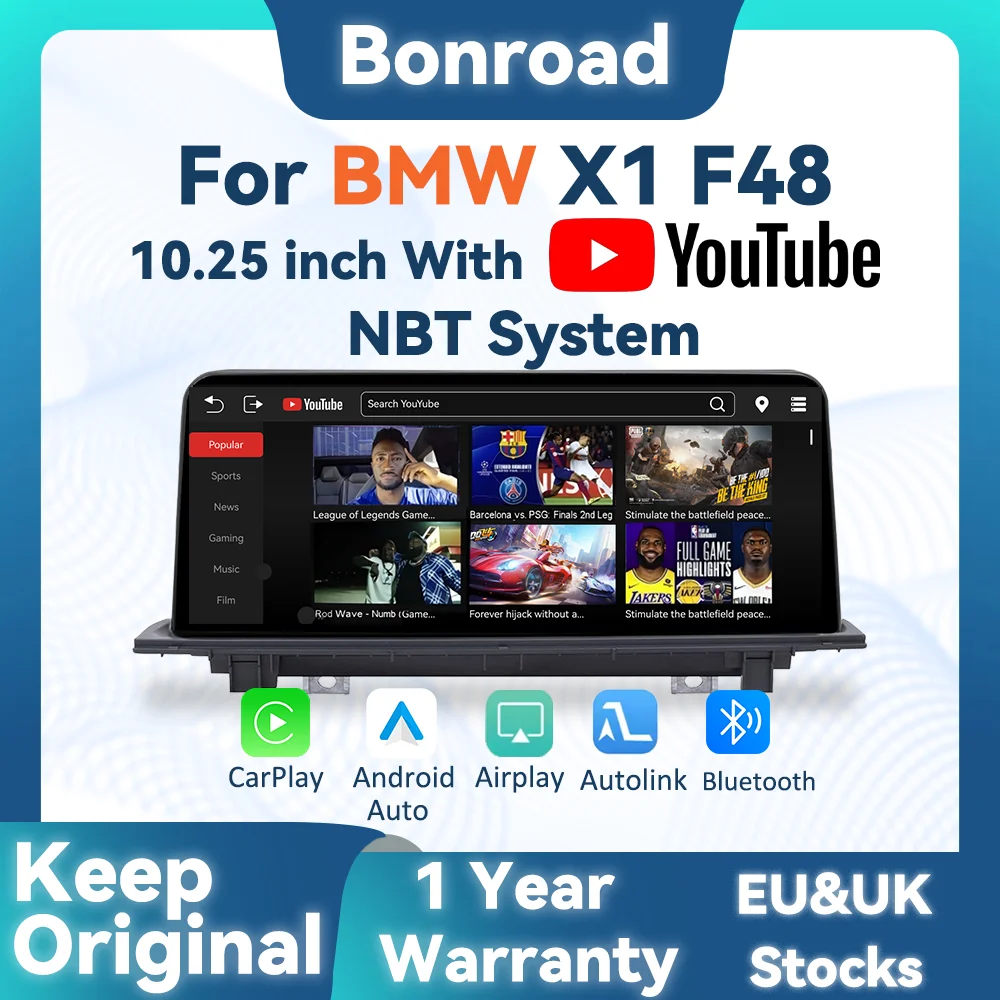 BONROAD 10,25 Zoll Kabelloses CarPlay Android Auto Linux Stereo-Autoradio mit YouTube Airplay Autolink Mirroring für BMW X1 F48 X2 F49 NBT-System GPS-Display Navigation Multimedia-Touchscreen