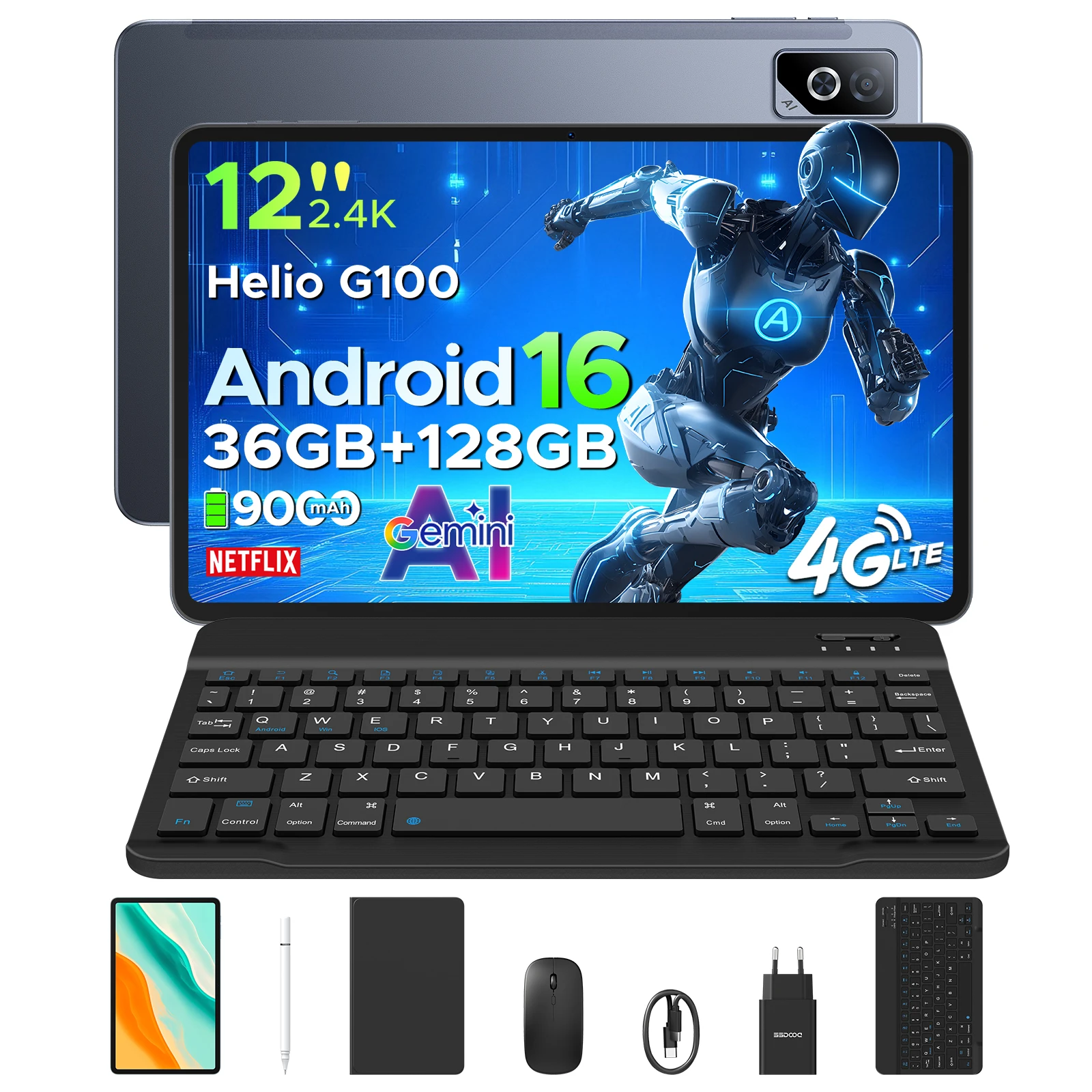 DOOGEE Tab G6 Pro Android 16 2-in-1 tablet-pc 12 inch 2.4K 36GB RAM (8+28) 128GB ROM Gemini AI 9000mAh batterij Helio G100 AI tablet