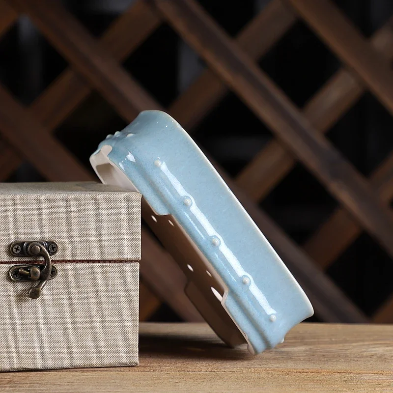 Ceramic Glazed Rectangle Bonsai Pot, Glazed, Glory Blue, Traditional Chinese Shape, Garden Decoration