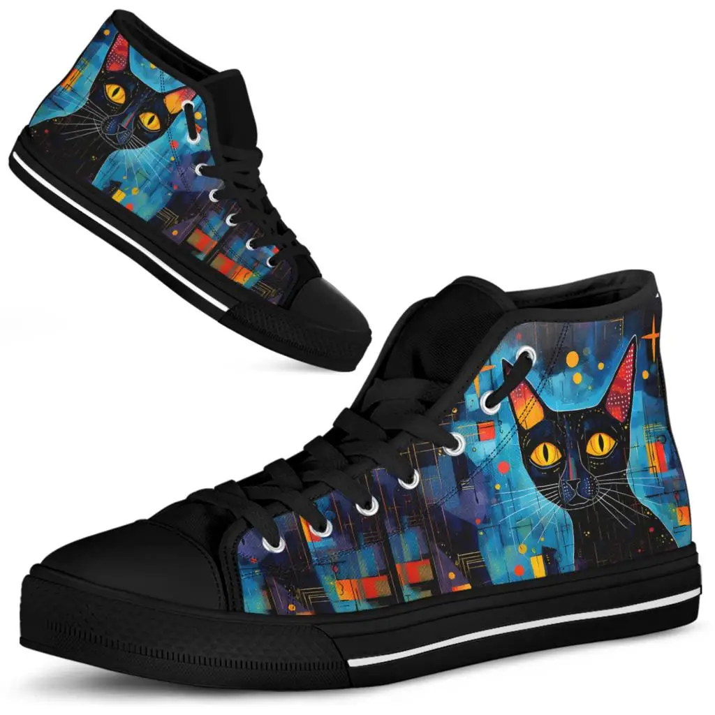 ELVISWORDS Women's Shoes Black Cat Hand Painted Printed Comfortable Flat Shoes Cartoon Cat Designer High Tops Girls Tennis Shoes