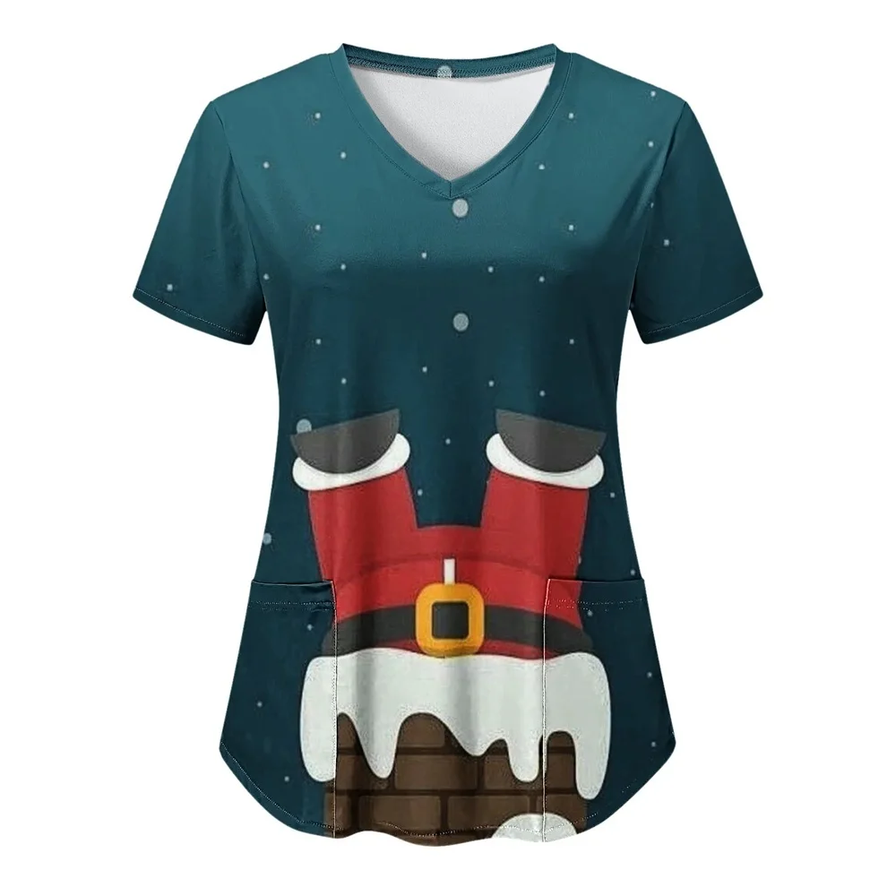 Women Christmas Nursing Scrubs Tops Working Uniform Blouse Short Sleeve V-neck tee Blusas Nursing Clothes Nurses Tunic Uniform