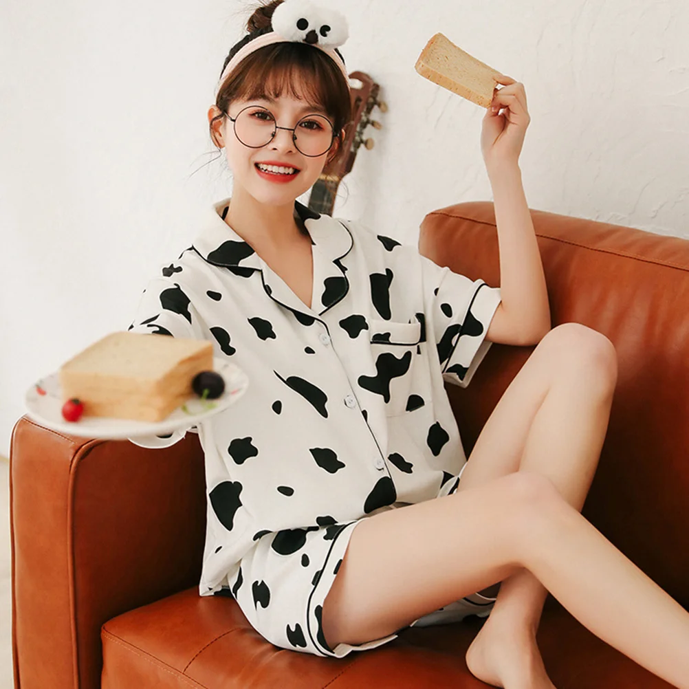 Womens Cotton Nightgown Womens Pajama Set Two Piece Cow Print Short Sleeve Sleepwear Loungewear Button Down Tops Shorts Summer