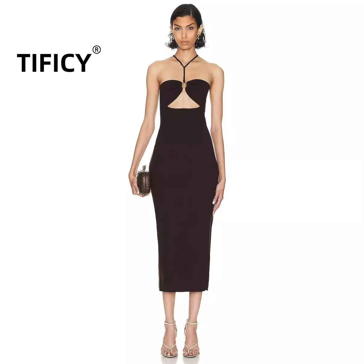 

High Street Women's New Black Hollow Hanging Neck Backless Strapless Long Dress Sexy Spicy Girl Date Bandage Slim Party Dress