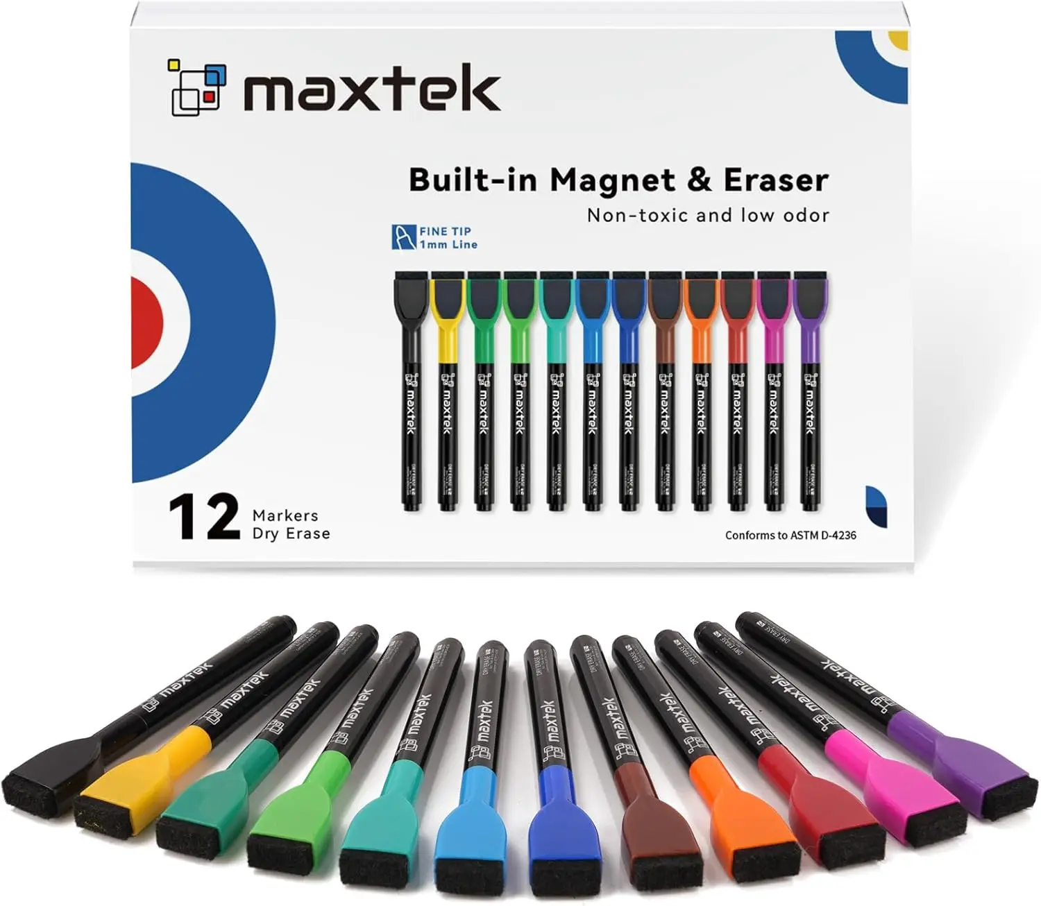 

Fine Tip Dry Erase Markers Set - 12 Colors with Eraser for Whiteboard, Calendar, Kids