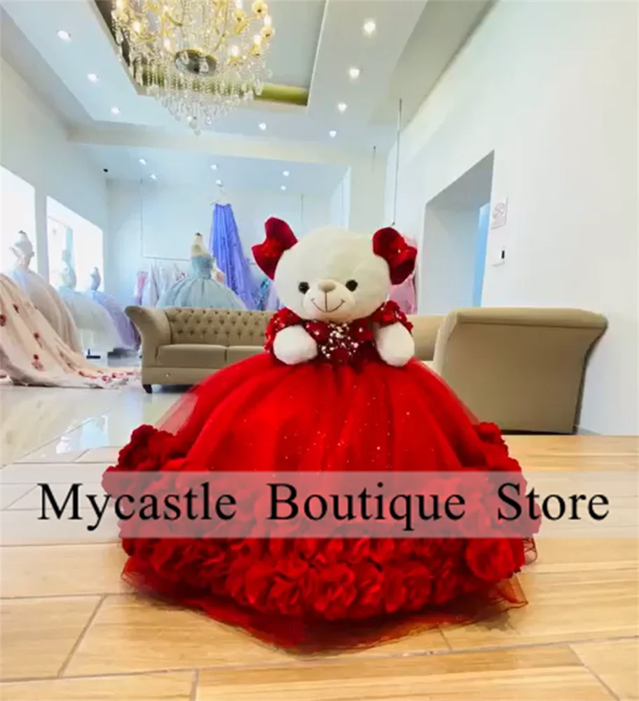 Red Tulle Quinceanera Teddy Bear Dress 2024 Luxurious Crystals Applique Mini Quinceanera Dress