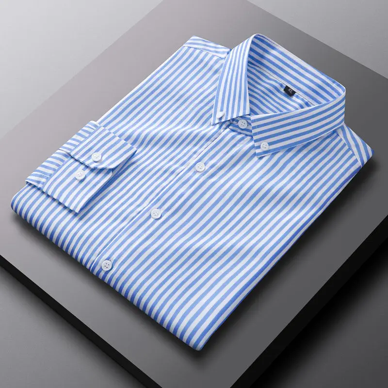2023 New Summer Commuting Minimalist Lapel Striped Patchwork Button Pocket Slim Fitting and Stylish Office Long Sleeved Shirt