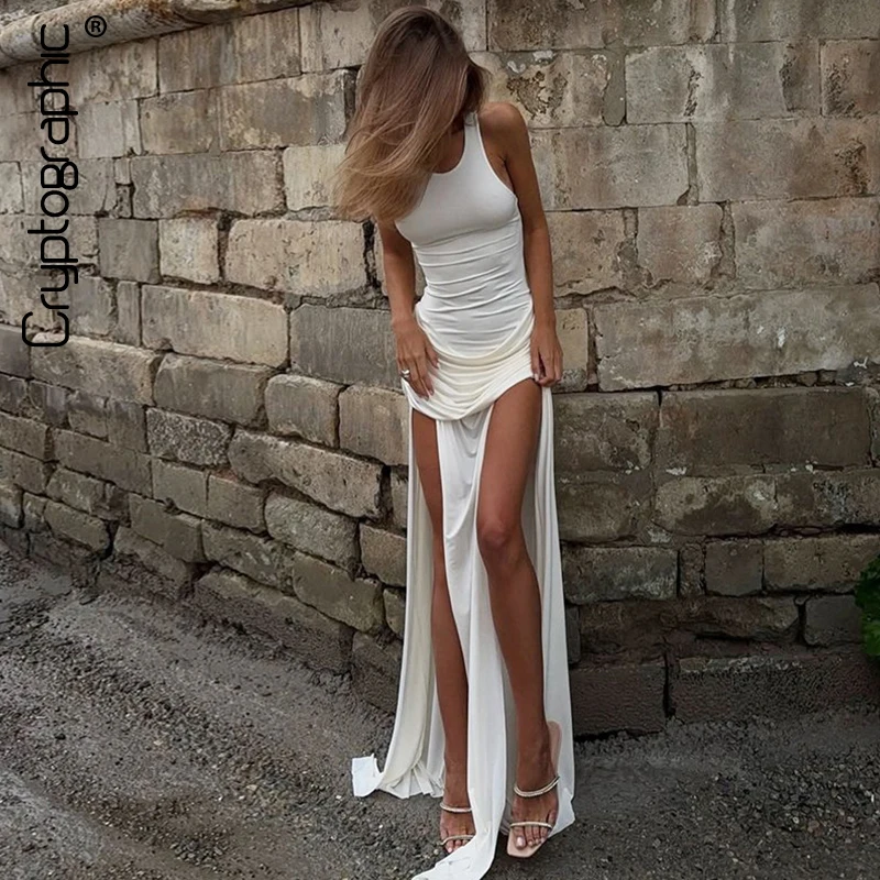 

Cryptographic Elegant Ruched Club Party Maxi Dress Gown Outfits Sexy Sleeveless Birthday Holiday High Waist Split Dresses Robes