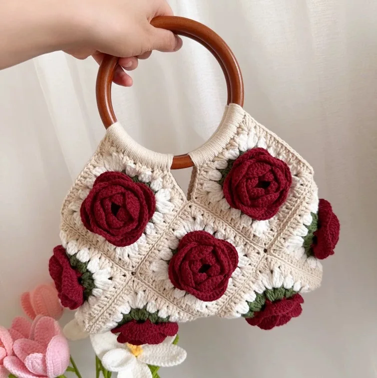

Hand Knitted Bag DIY Material Kit Yarn Hook Knitting Tea Rose andma's id Creative Bag Ordinary Yarn Thin