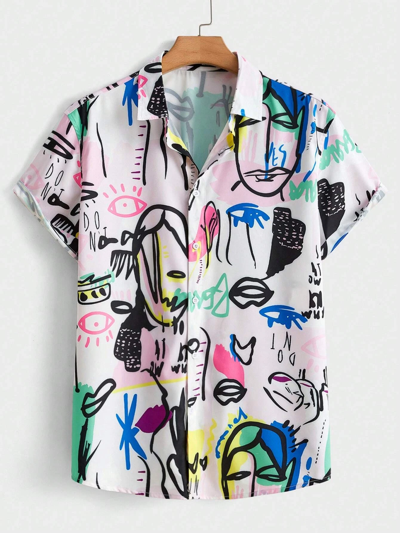 Men's Hawaiian Short Sleeve Shirt Abstract Face Line Graffiti Multicolor Print Art Casual Beach Mens Clothing