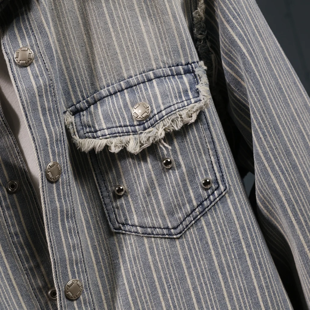 High quality men's denim shirt spring and autumn striped retro washed casual long sleeved shirt jacket men clothing  streetwear