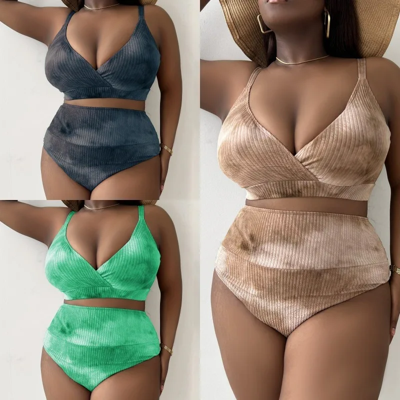 

0XL-4XL New Women's Tie-dyed Swimsuit Textured Strappy Bikini Set Sexy Backless Swimwear High Waist Slim Bathing Suit Beachwear
