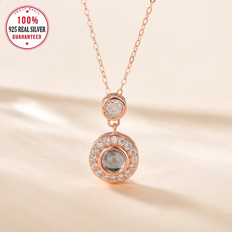 S925 Silvery Custom Color Photo Projection Necklace Round Zircon Pendant For Mom Girlfriend Valentine Mother Day Romantic Gifts