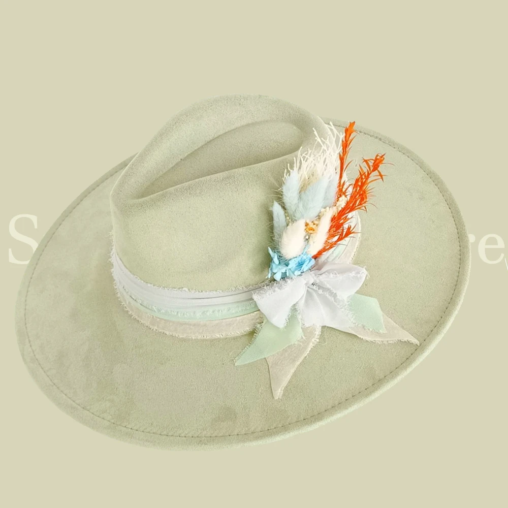 Custom Matcha Green Dried Flower Fedora|Wide Brim Hat | Custom Design Hat | Rancher Hat | Fashion Hat | Bridal Hat | Western Hat