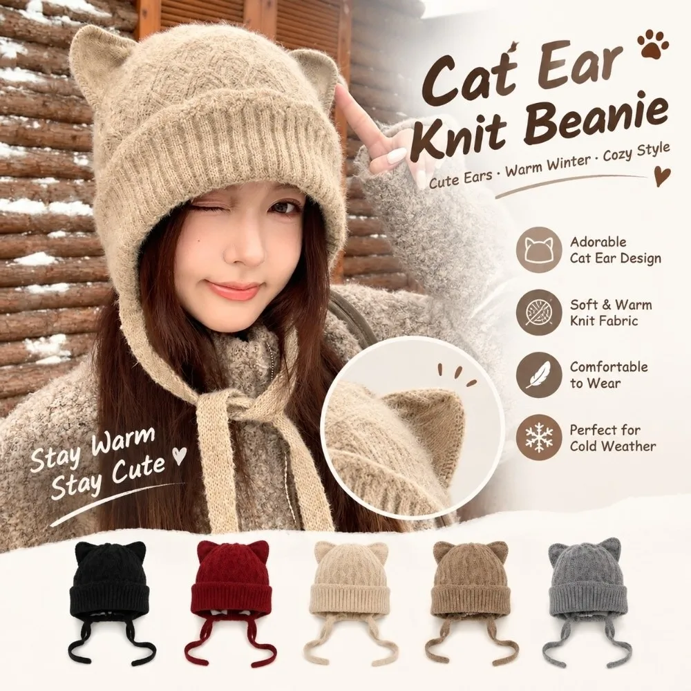 Durable Windproof Cat Ear Knit Hat 3D Cat Ear Skin Friendly Soft Beanie Stretchy Fit Warm Knitted Head Cover Winter Commuting