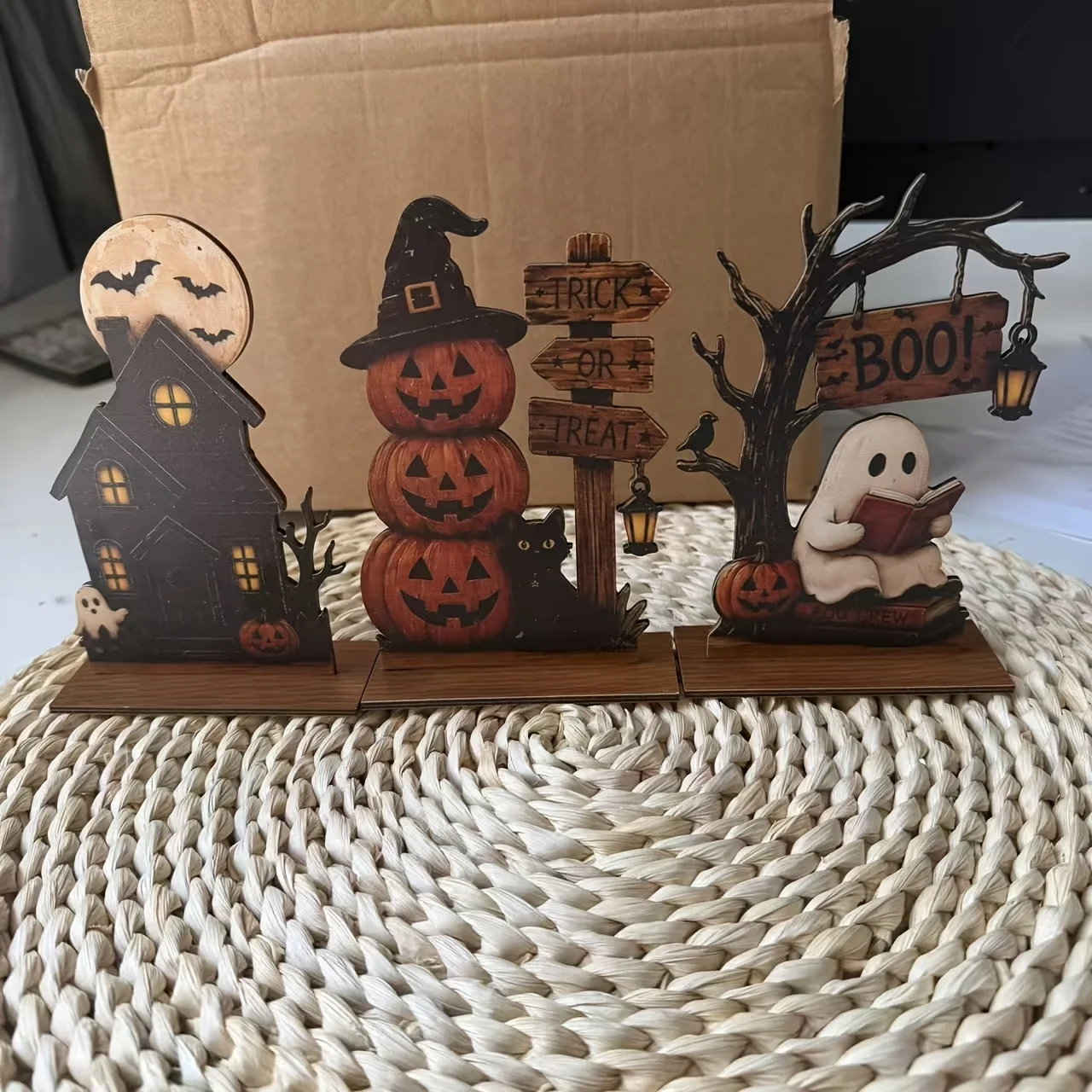 3-piece vintage wooden Halloween indoor decor set, including black cat, pumpkin and other elements, Halloween gift