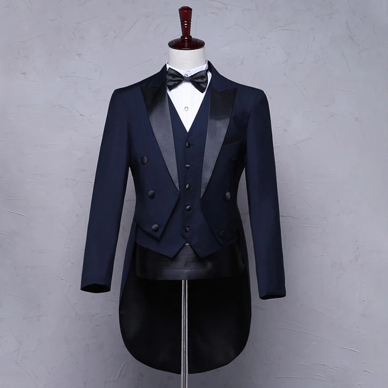 Men\'s Tuxedo Tailcoat (Jacket + Vest + Pants) Black White Navy Dress Coat Swallowtail Dinner Party Wedding Magic Show Stage Suit