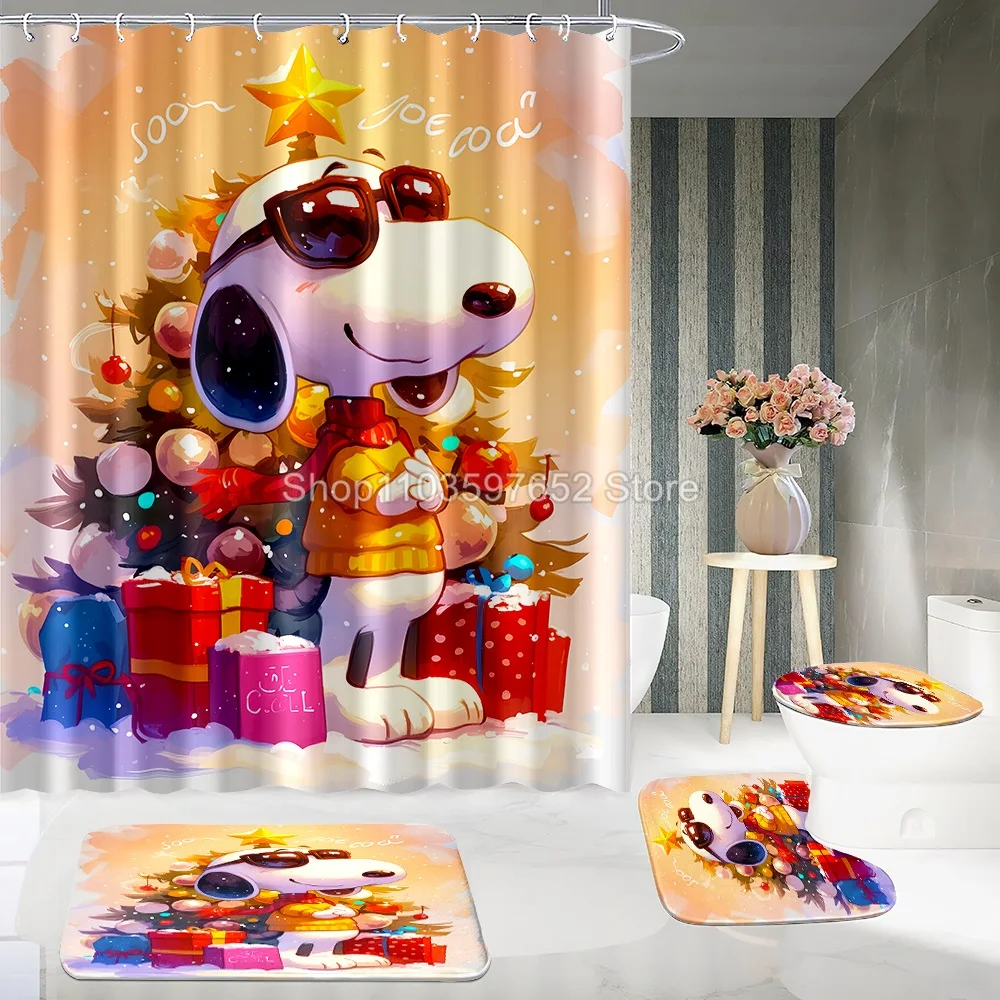 Anime Film Snoopy Various Bath Shower Curtain Set 4pcs with Hooks Cartoon Decor Waterproof Bathroom Toilet Mat Lid