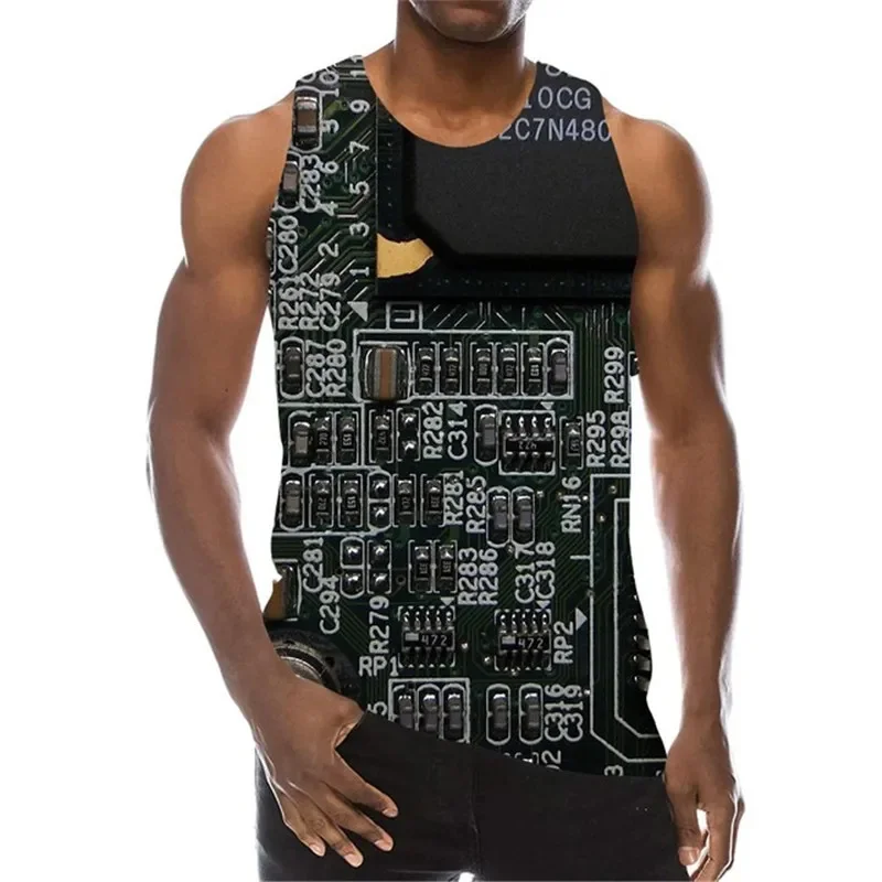 Harajuku Summer 3D CPU Circuit Board Printed Tank Top For Men Fashion Clothing Kid Cool Streetwear Tank Tops Vintage Clothes Top