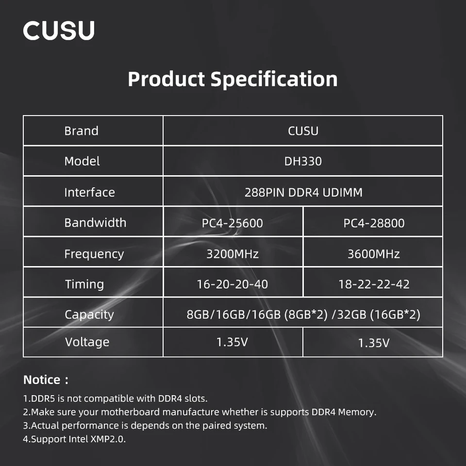 CUSU DH330 16GB DDR4 メモリ 3200MHz CUSU RAM DDR4 8GB 16GB Memory 3200MHz 3600MHz DDR5 5600MHz 6400MHz