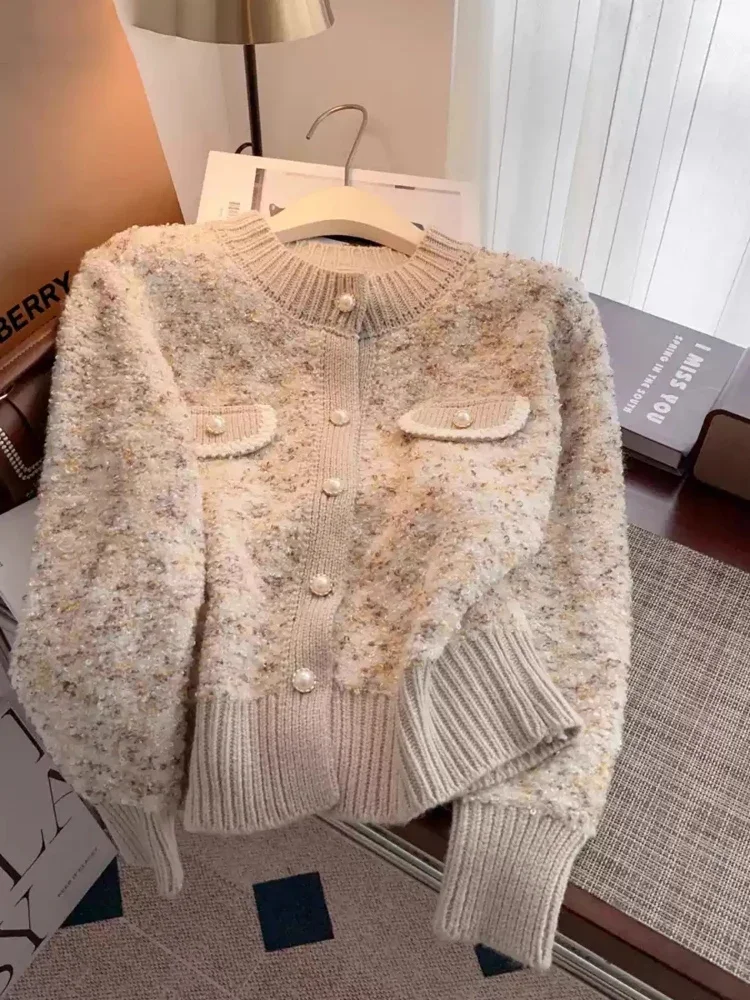 

New Autumn Clothing Vintage Cardigan For Women O-neck Fashion Patchwork Knitted Sweater Korean Loose All Match Tops Pull Femme