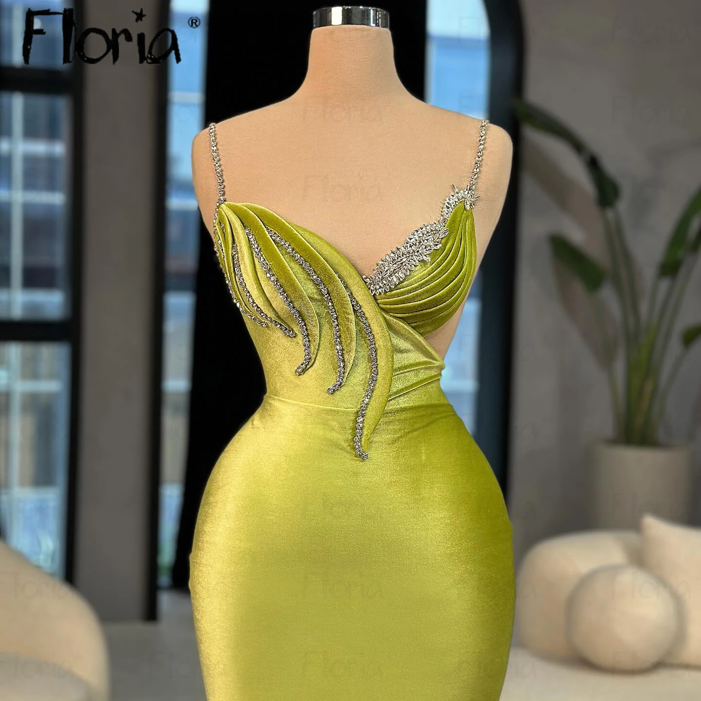 Floria Bandage Dress Lemon Green Celebrity Evening Party Elegant Straps Bodycon Sleevess Maxi Dress Banquet Gowns Customzied