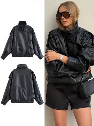 HH 2025 otoño mujer chaqueta de cuero Pu Vintage sólido suelto manga larga cremallera cuello alto abrigo Casual Oficina señora prendas de vestir exteriores