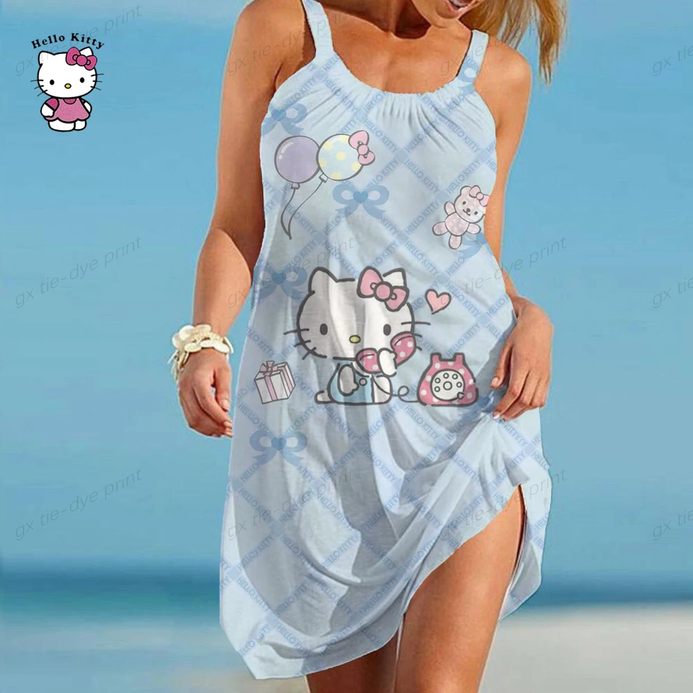 Elegant Dress for Women Sexy Hello Kitty Women\'s Dress Sling Summer Woman Beach Boho Loose Print Hello Kitty Fashion Girl