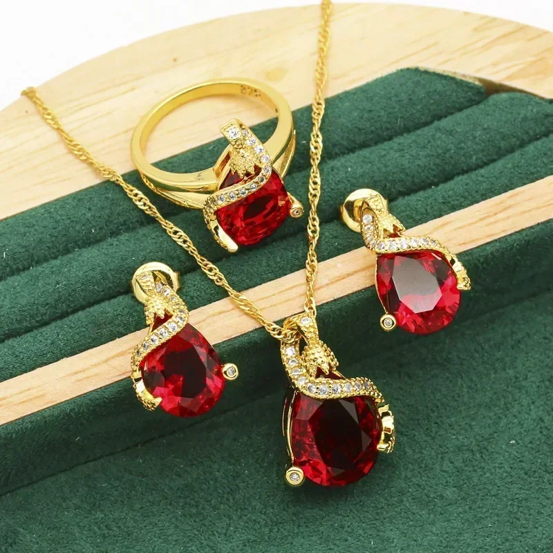 Exquisite Wedding Gold Color Jewelry Sets For Women  Zircon Earrings Necklace Pendant Ring Christmas Gift