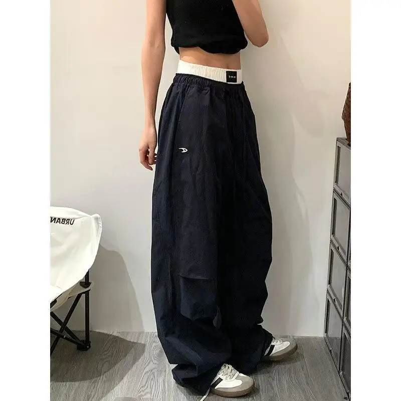 

Повседневные брюки десантника в американском стиле ретро, женские черные модные спортивные штаны, корейские свободные брюки с высокой талией в стиле хип-хоп для бега большого размера
