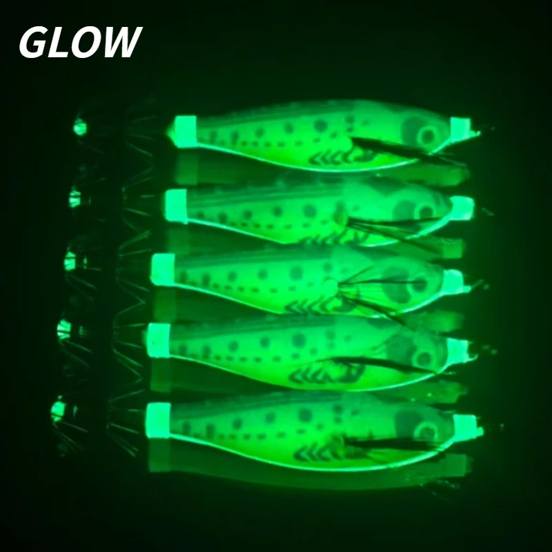 5 Stück Tintenfisch-Jig Egi-Köder mit UV-Leuchteffekt im Dunkeln, Hartköder mit scharfem Regenhäubchenhaken und rotem Lametta für Salzwasser-Tintenfisch, Sepia und Meeresfische – Detail 3
