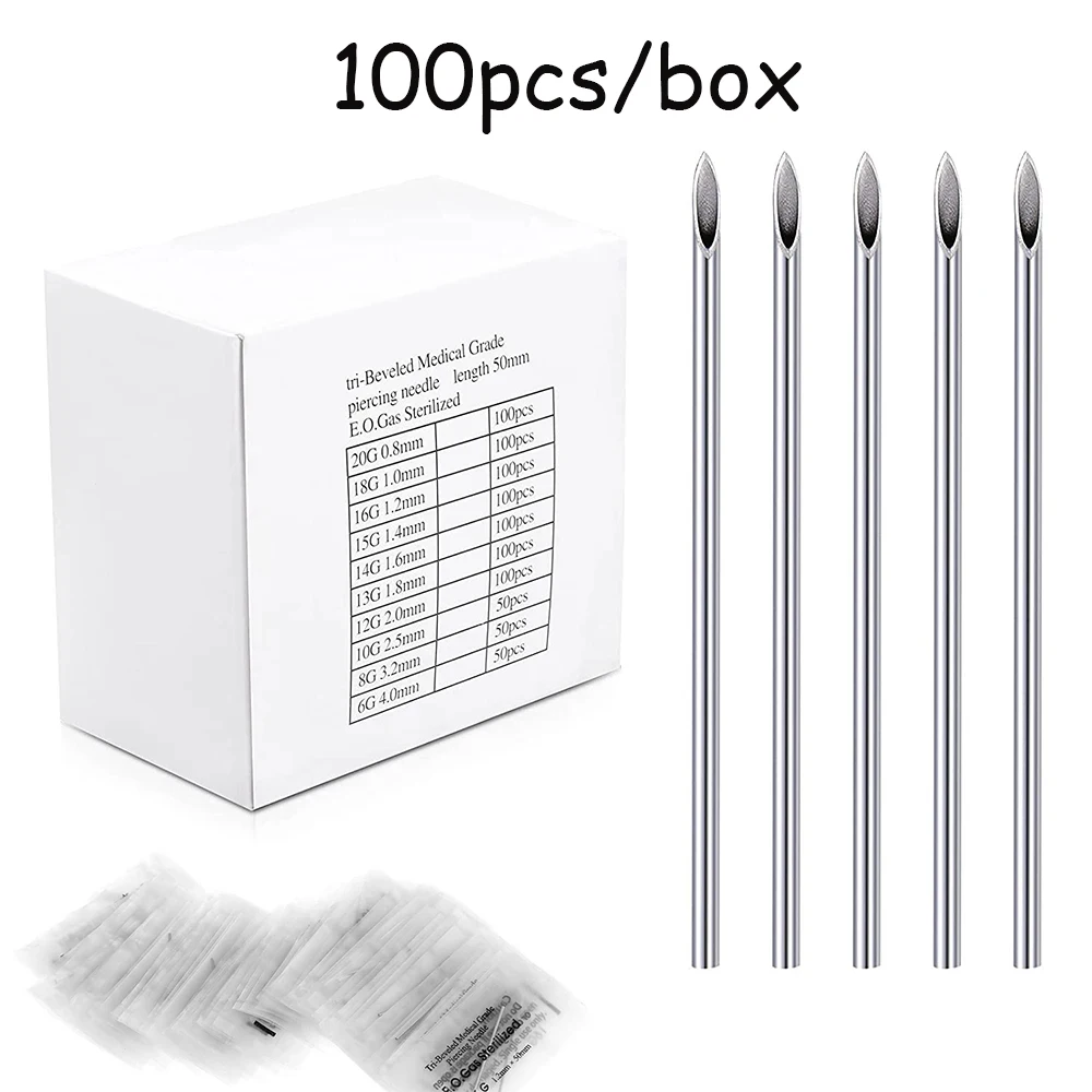 JUNM 100pcs Disposable Sterile Body Piercing Needles Set 10G-20G Steel Needles for Ear Nose Navel Nipple Lip Piercing