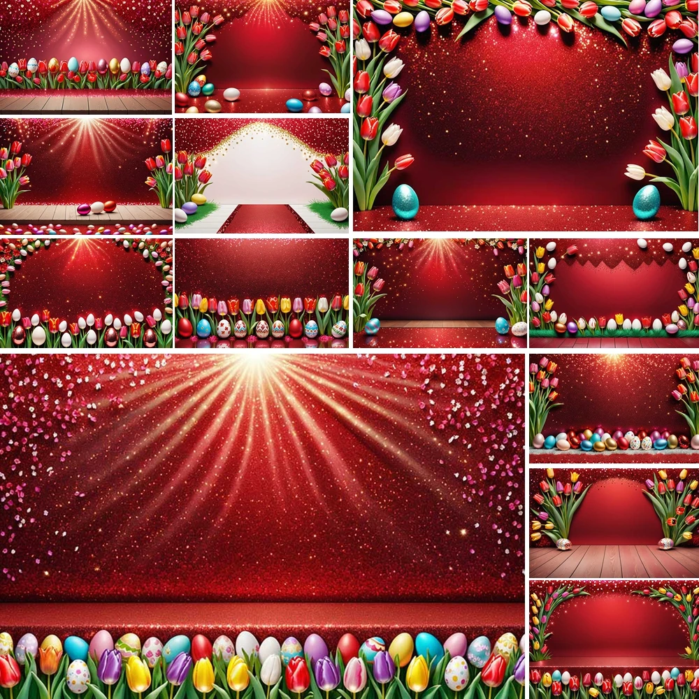 

MOON.QG Spring Happy Easter Photo Background Red Colorful Eggs Shimmer Wall Backdrop Kids Photozone Photocall Photography Props