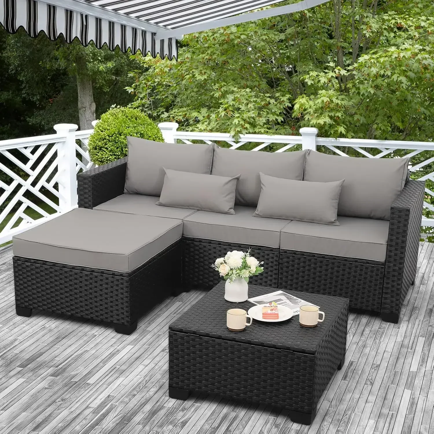 3 Pieces Patio Furniture Set Outdoor Sectional Wicker Patio Furniture Patio Couch  Outdoor Storage Table Waterproof , Light Grey