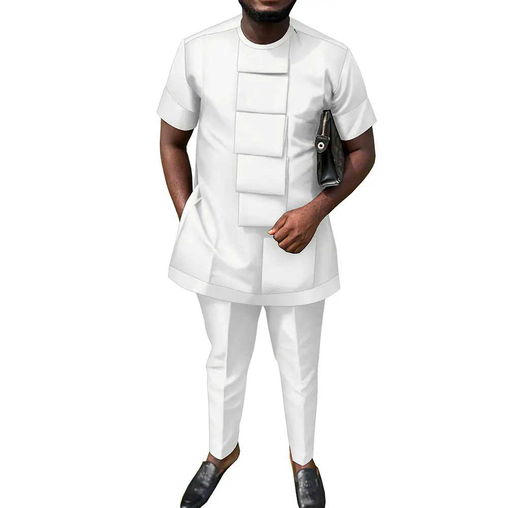 

African Men's Solid Color Set Business Casual Men's Short Sleeved Shirt Long Pants Two-piece Set Clothing WYN1981