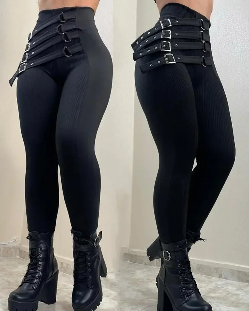 Women High Waist Buckled Belt Skinny Pants Pencil Slim Fashion Casual Sexy Leggings Pants Trousers Y2k