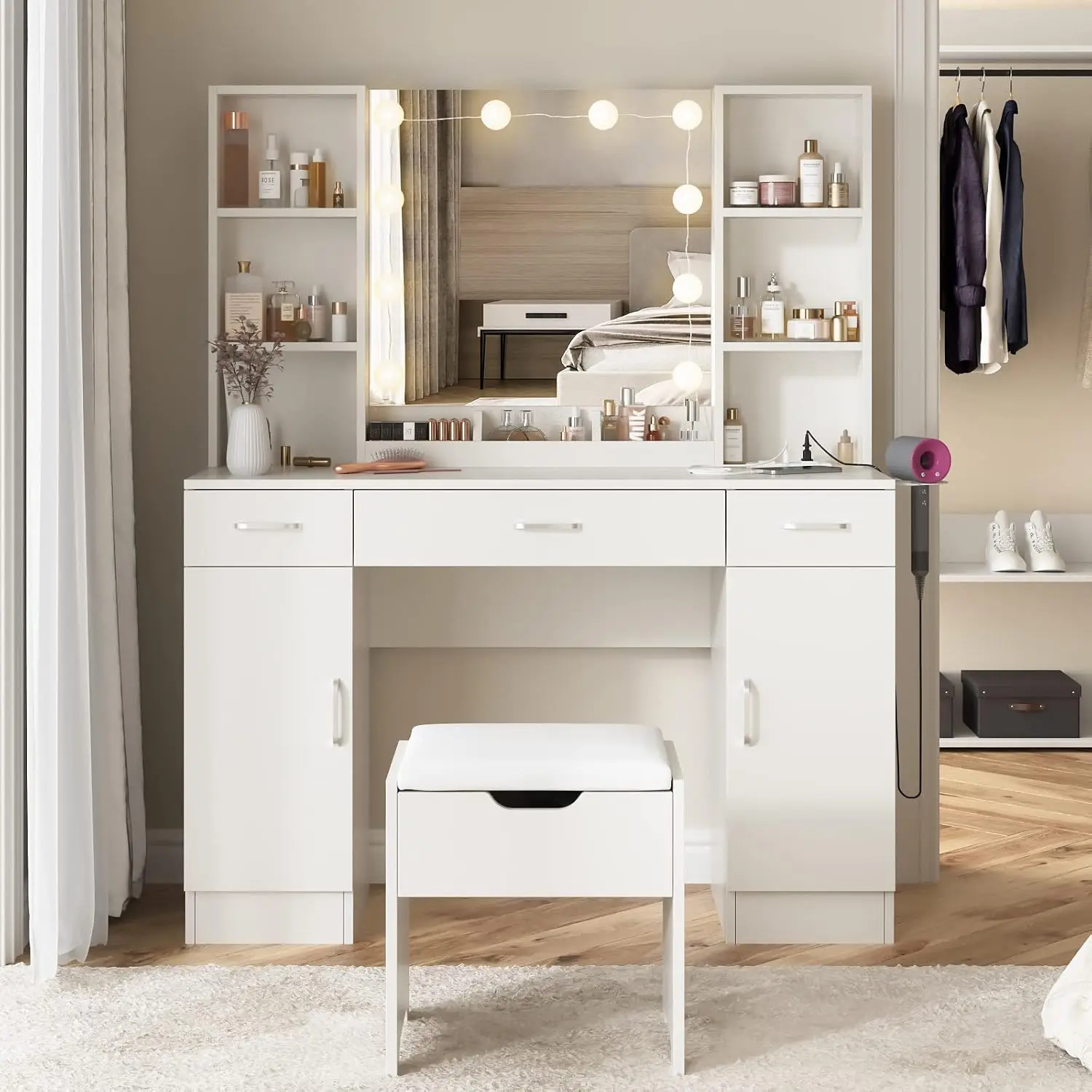 Makeup Vanity Table with Lighted Mirror & Power Strip, Large Vanity Set Vanity Desk with Storage Stool, Customized