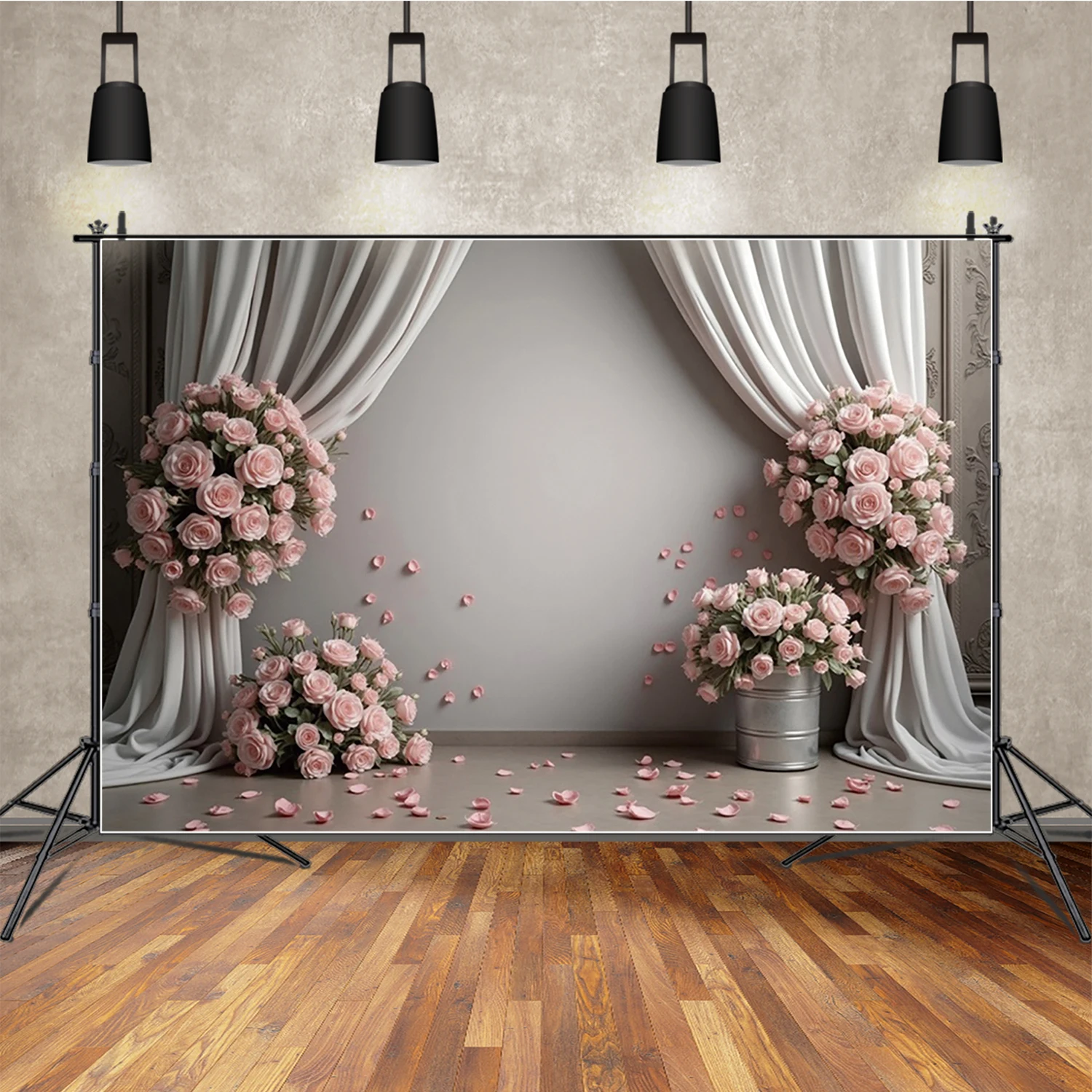 

MOON.QG Women Birthday Backdrop Photography Rose Petal Wall White Curtain Photozone Background Couple Studio Photobooth Props