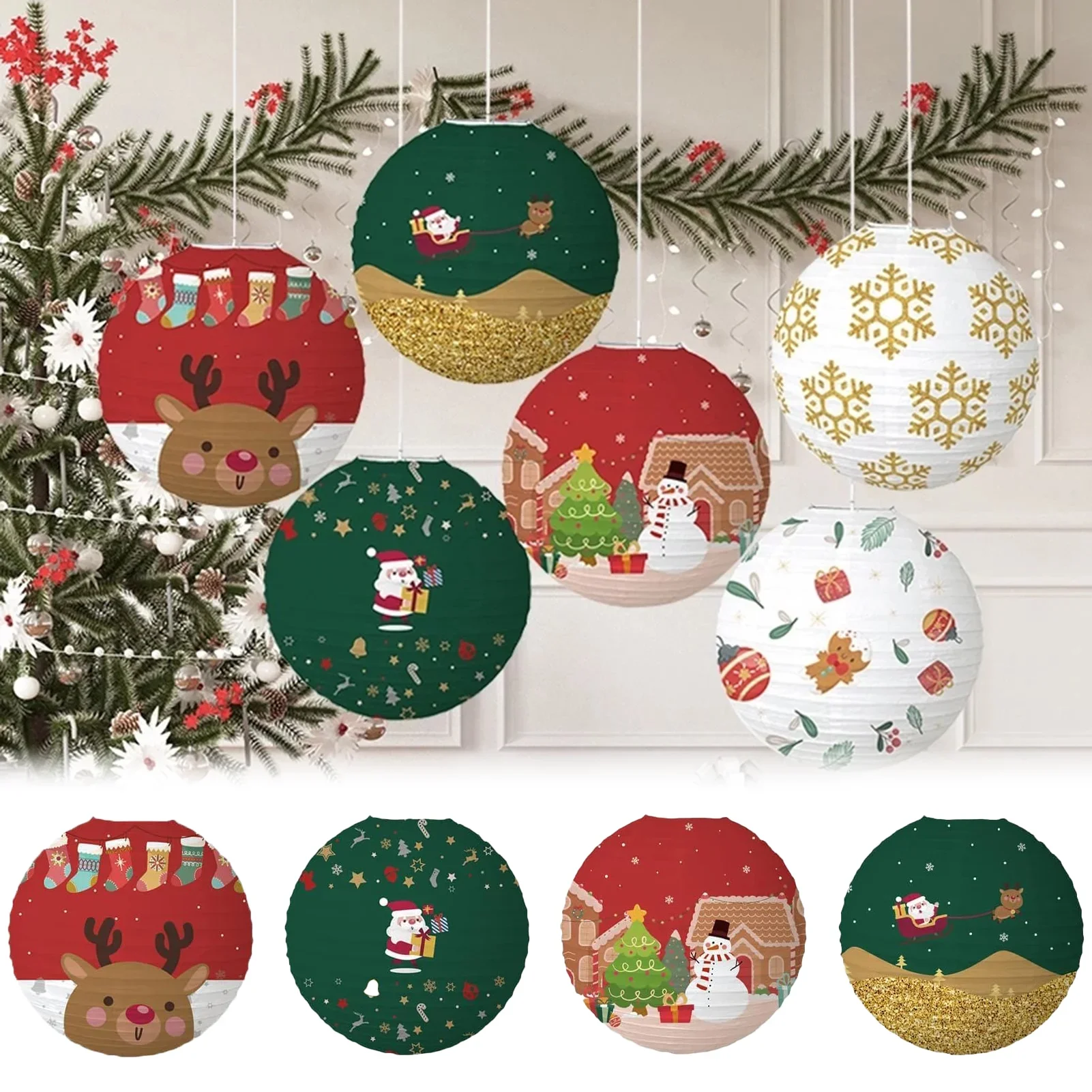 Christmas Paper Lanterns with Father Christmas Snowman Moose Designs Hanging Lanterns for Outdoor Party Decoration Xmas Decor